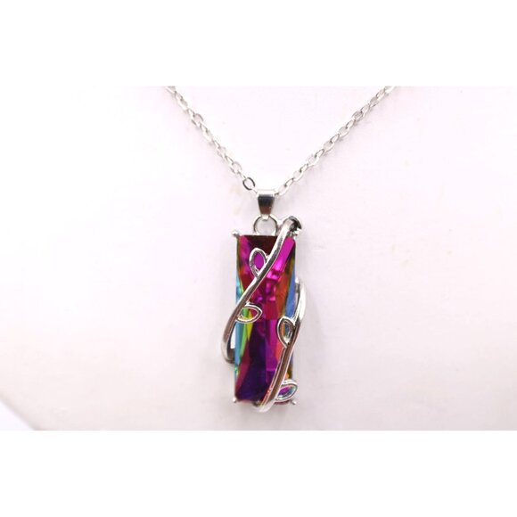 Mystic Quartz Crystal Tree of Life Pendant Necklace Silver Tone Aurora Borealis - Picture 9 of 11